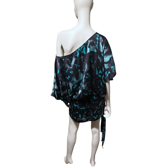 Y2K Express Silk Micro Mini Dress L Dolman Belt Stretch Grunge Glam Whimsygoth - Picture 8 of 13